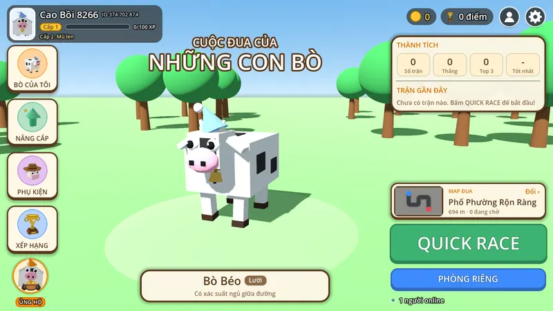 Màn hình chính với con bò của người chơi, thẻ map và nút Quick Race.