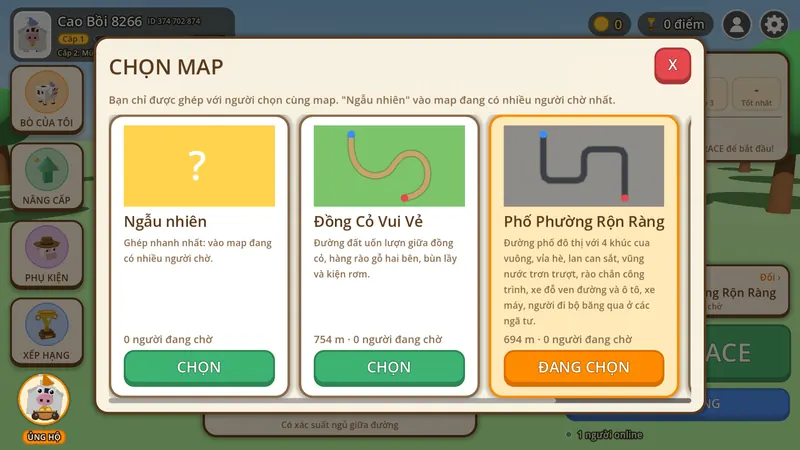 Màn chọn map với các thẻ Ngẫu nhiên, Đồng Cỏ Vui Vẻ và Phố Phường Rộn Ràng.