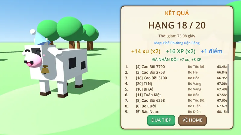 Bảng kết quả với hạng, thời gian, xu và XP đã nhân đôi.