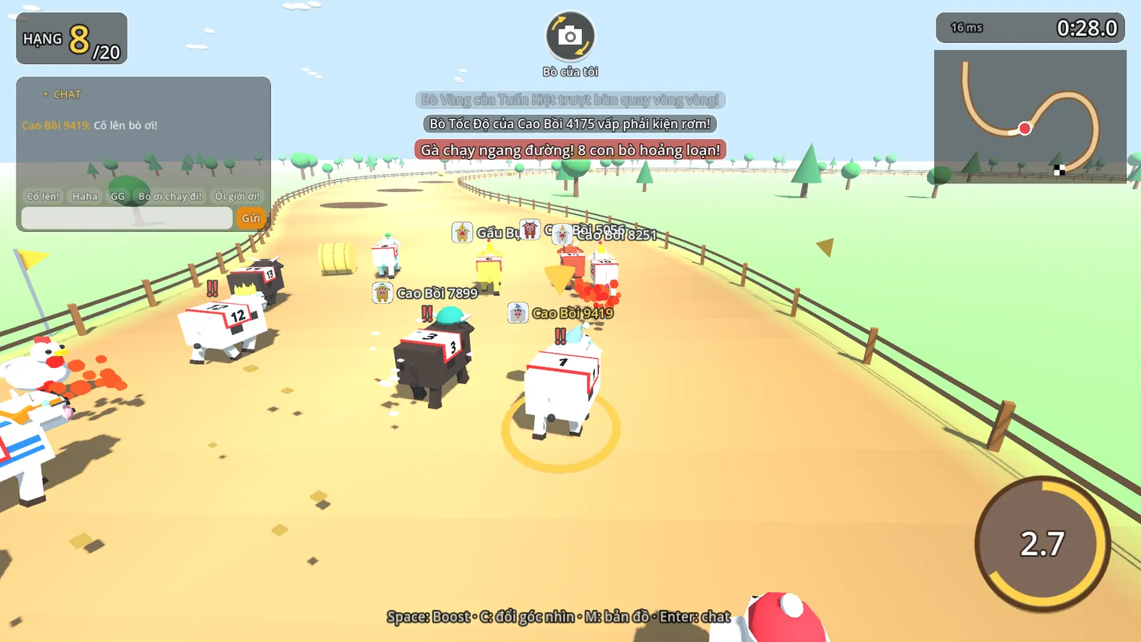 Giữa race trên map đồng cỏ: các dòng bình luận sự cố hiện phía trên, vòng tròn hồi Boost ở góc dưới bên phải.